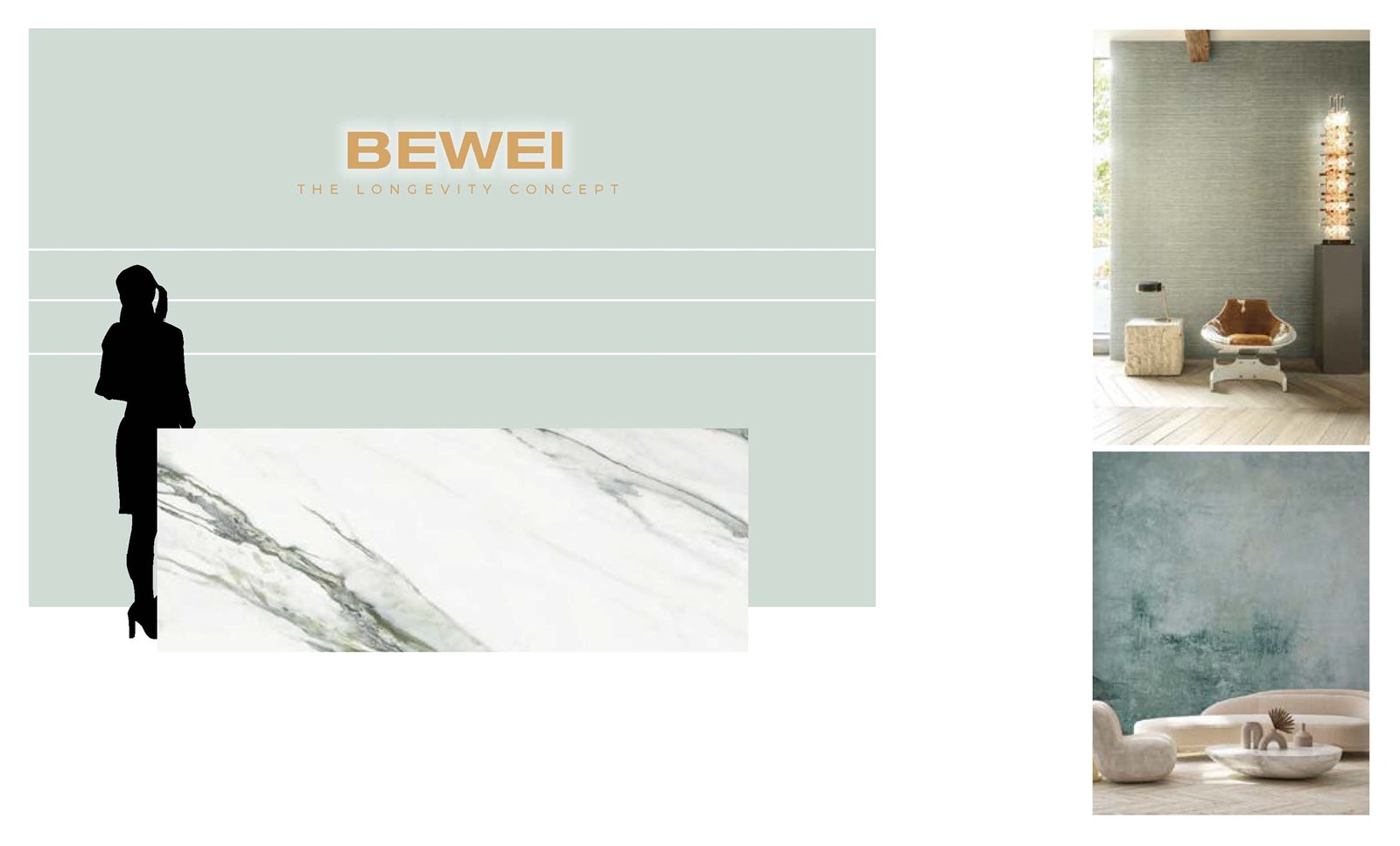 Design draft: reception wall with the BEWEI wordmark on a sage-coloured panel and a marble base