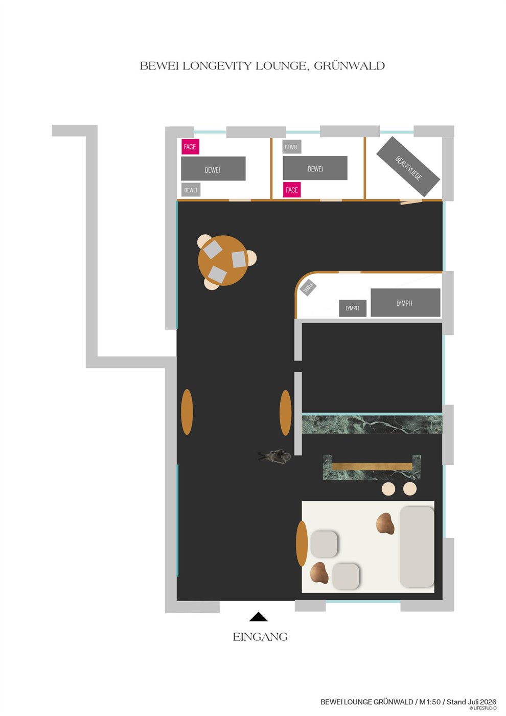 Floor plan of the future BEWEI Longevity Lounge in Grünwald with the entrance marked
