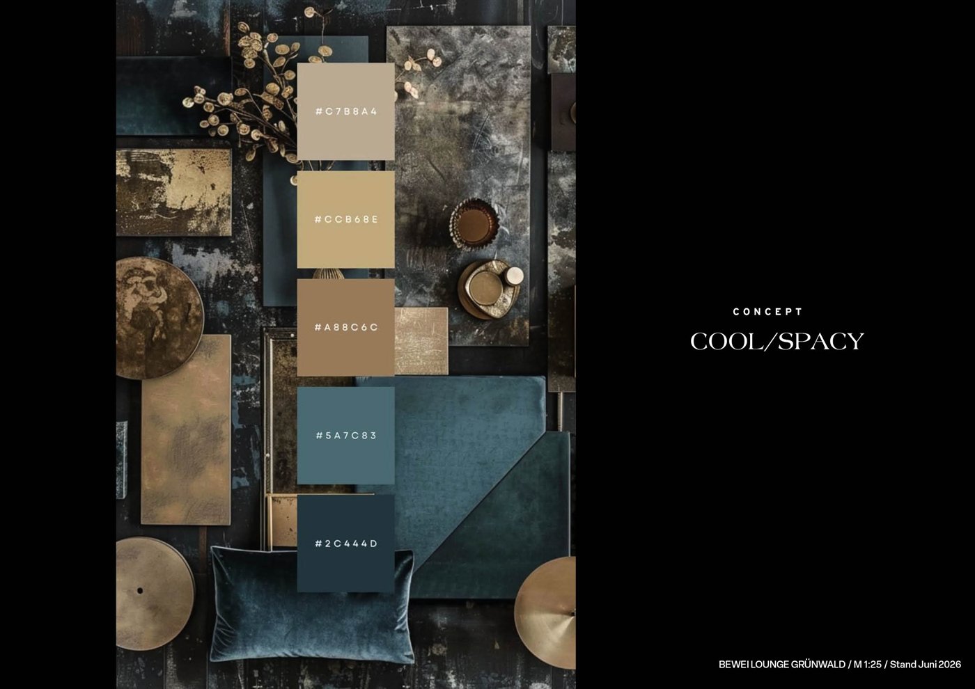 Design draft: colour and material concept for the BEWEI Lounge with samples in blue-grey, sand and brass