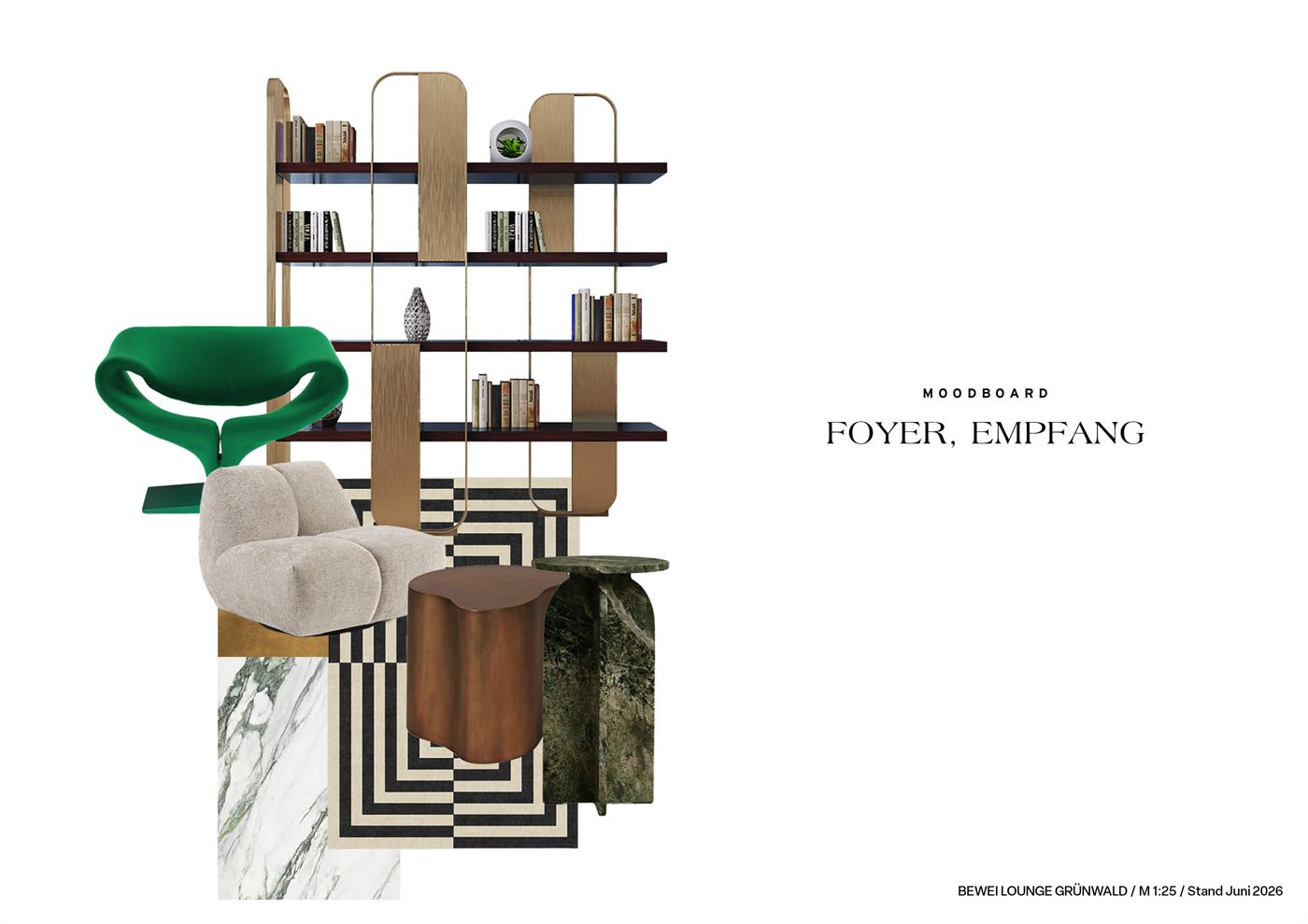 Design draft: moodboard for the foyer and reception with seating, shelving and marble surfaces
