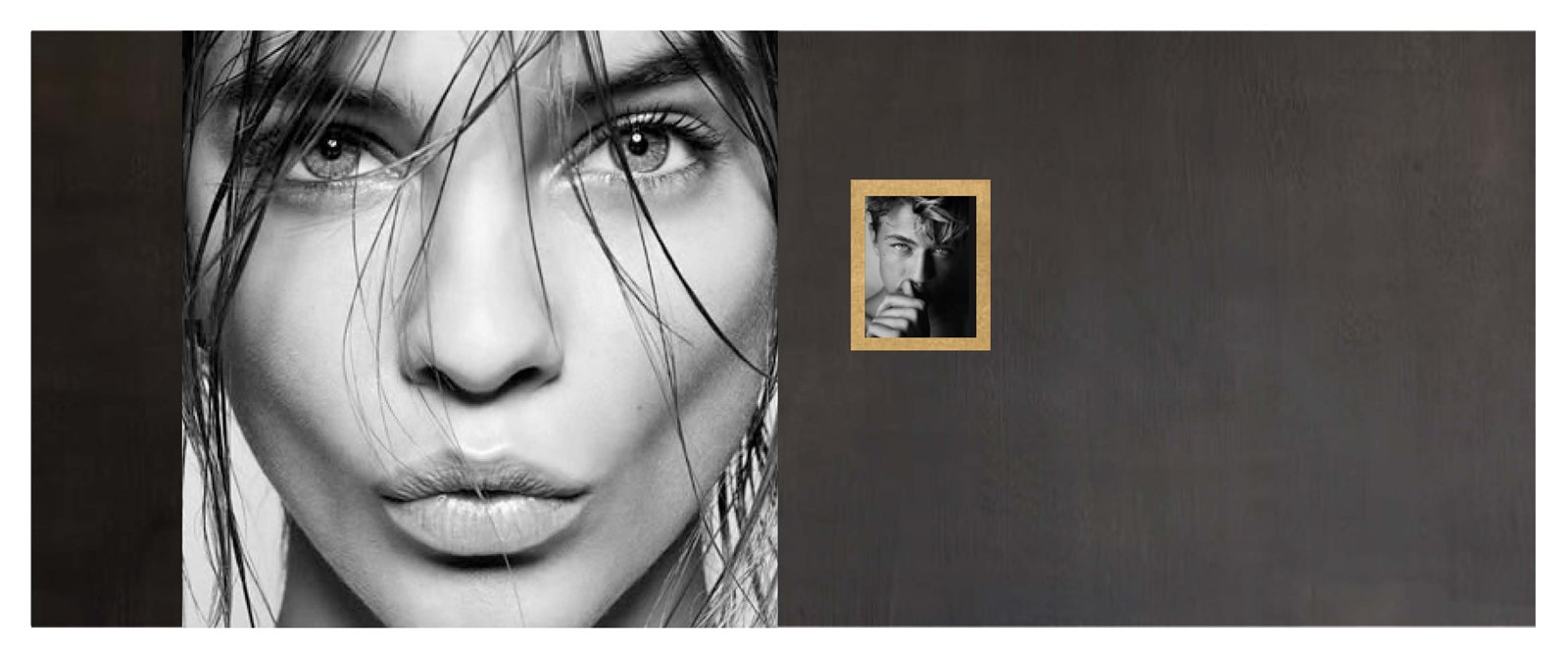 Design draft: left wall with projection surface and a large-format portrait motif
