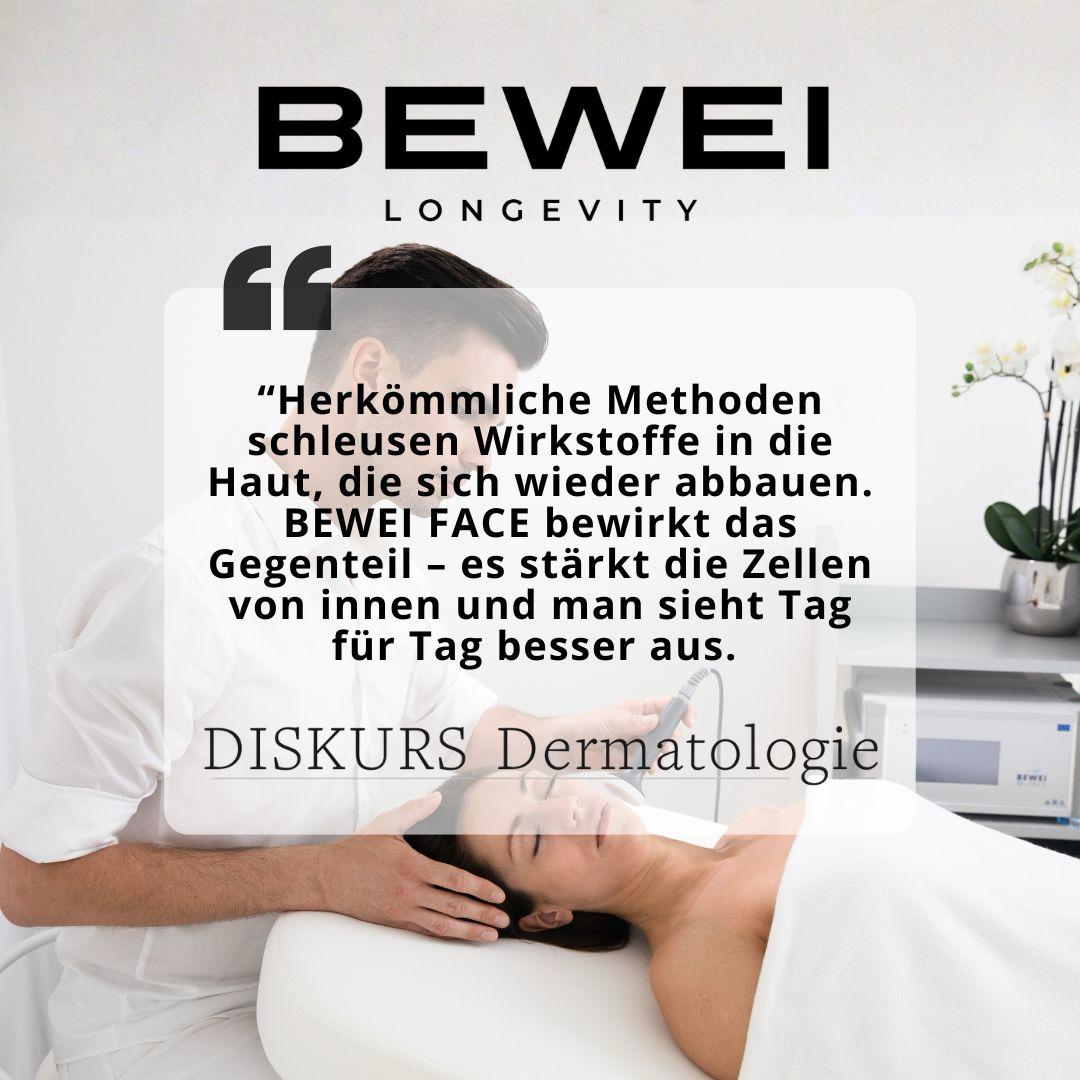 Press quote from DISKURS Dermatologie: “Conventional methods channel active ingredients into the skin, where they break down again. BEWEI Face does the opposite — it strengthens the cells from within and you look better day by day.”