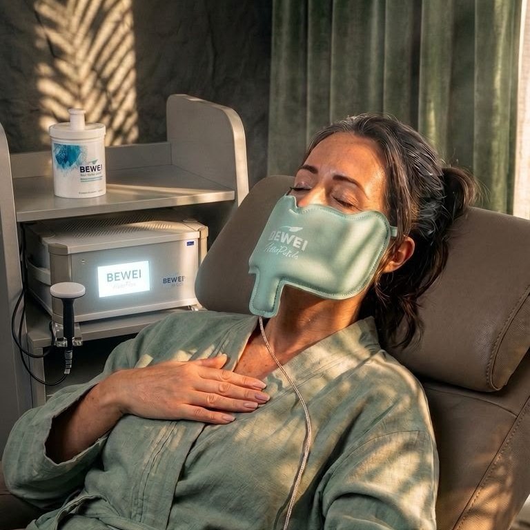 BEWEI VitaPatch in use: a woman relaxing in a bathrobe, the VitaPatch resting on the facial area, the BEWEI device alongside